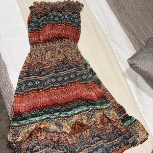 Poetry Strapless Dress in Orange and Blue